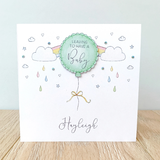 Personalised Leaving To Have A Baby Card  Green Balloon